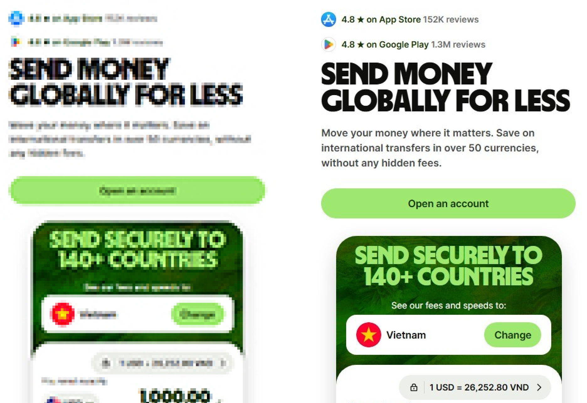 Two long screenshots side by side: blurry after a manual paste on the left, pixel-sharp after copying from Screela on the right