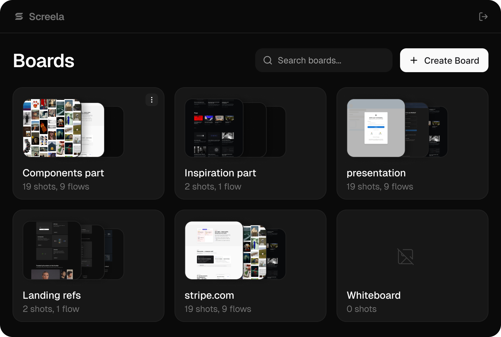The Screela web app: a Boards screen with six audit boards, each with screenshot thumbnails, shot and flow counts